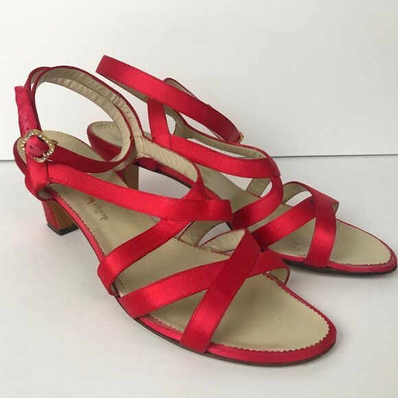Gorgeous 80s Red Strappy Heels with Rhinestone Gold Buckles 8.5 - Picture 1 of 6